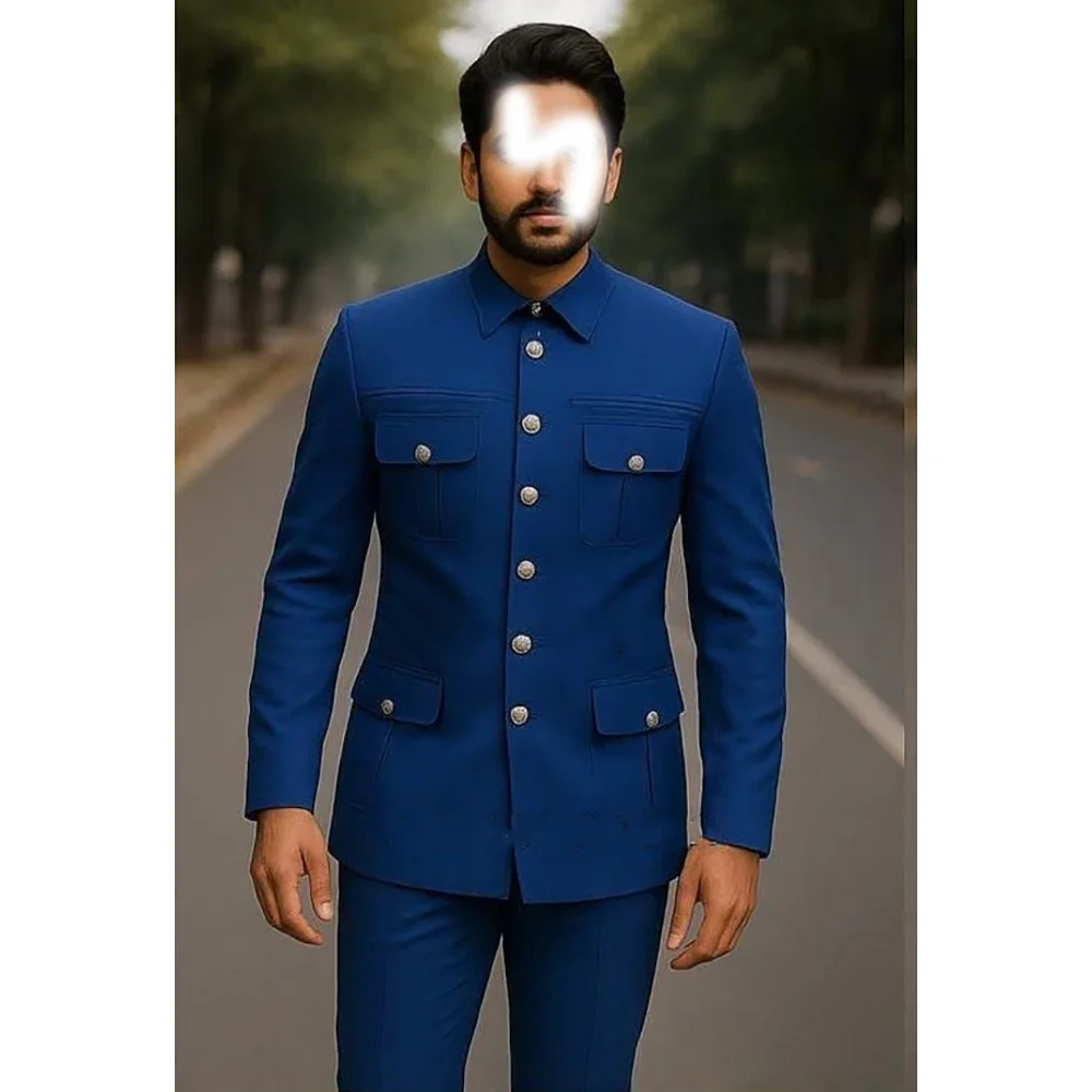 

Blue Single Breasted Polo Collar Men Suits Wedding Evening Party Sets Formal Occasions Suits 2 pieces (Jacket+Pants)