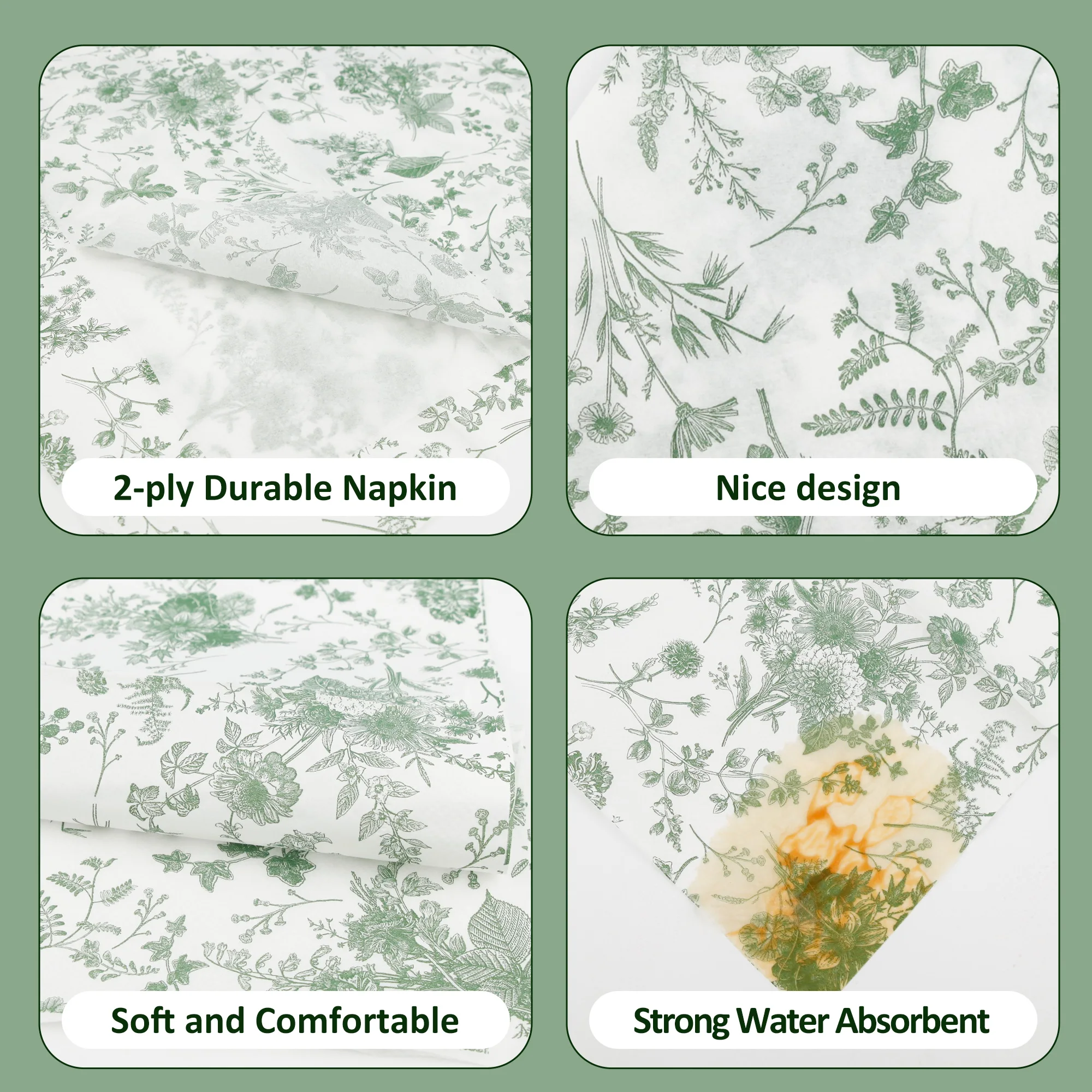 20Pcs Green Floral Guest Napkins, Guest Disposable Hand Towels for Bridal and Baby Shower, Tea Party, Garden Party