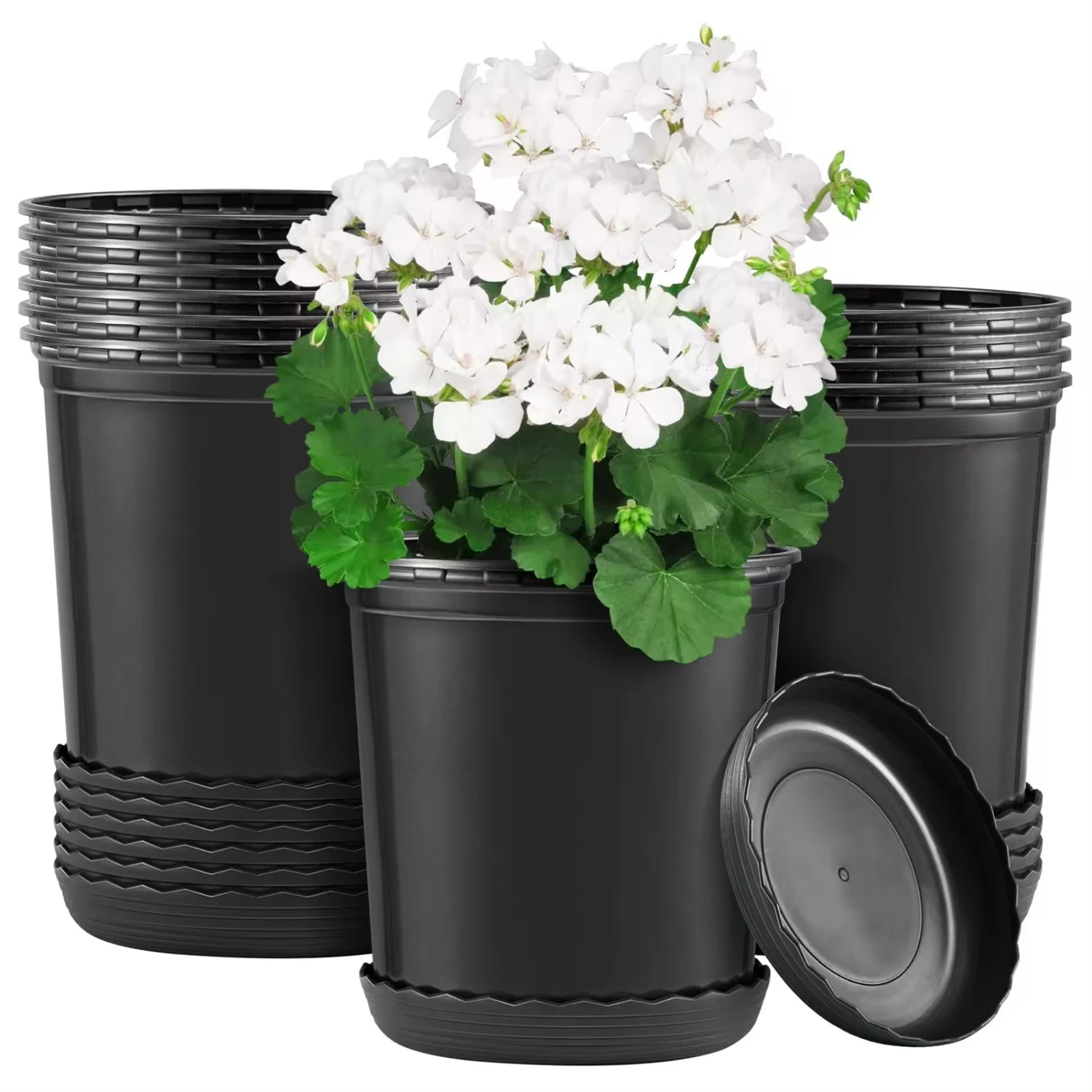 New 12 Set 6‘’ 0.5 Gallon  Plants Flexible Nursery Pot Flower Pots with Drainage Hole and Saucer, Plant Container(Black)