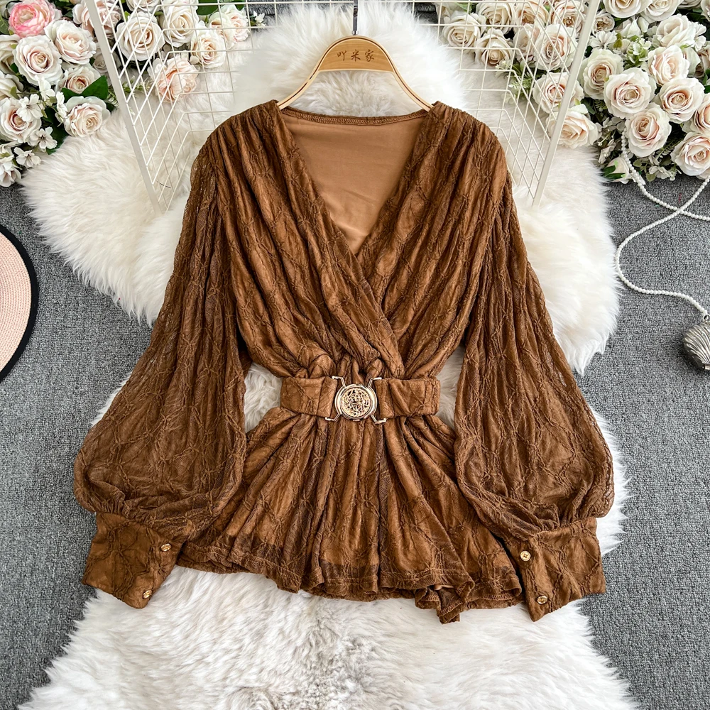 

Women Waist Belt Lace Long Lantern Sleeve Top Shirts V Neck Luxury Trendy Winter Blouse Lady Elegant Summer Korea Style Tops