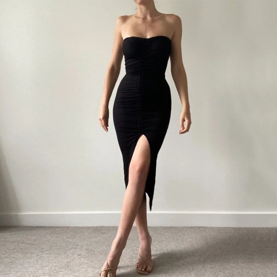 

【New style】Summer new style tube top dress, women's style, fashionable and sexy simple solid color, sleeveless drawstring, spli