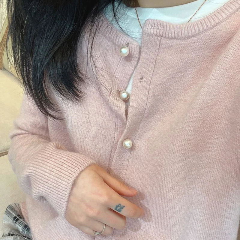 Rimocy Sweet Pink Knitted Sweater Women Korean O-Neck Long Sleeve Knit Cardigan Woman 2024 Button Up Solid Color Jumper Female