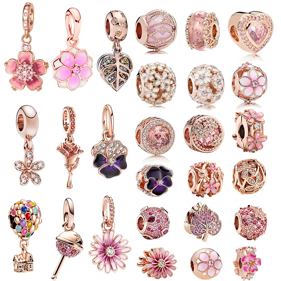 

Plated Rose Gold Cherry Blossom、Rose Flower、Hot Air Balloon Dangle Charm Beads Fit Original Women Bracelet Silver-Plated Jewelry