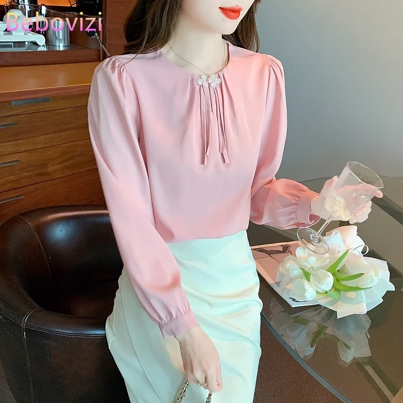 

Satin Women's Long Sleeve Pink Shirt Autumn Fashion New Design Puff Sleeve Blouse Top