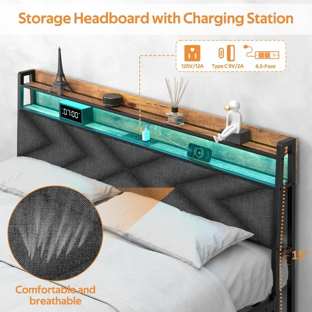 Queen Size Bed Frame with Charging Station and Led Lights, Industrial Metal Platform Bed with Storage Headboard Easy Assembly