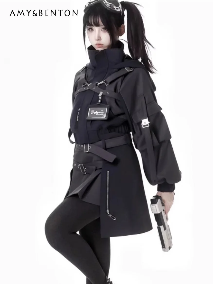 Gothic Splicing Mechanical Style Sets Sweet Cool Hooded Oversized Zipper Jacket Elastic Waist Casual Trousers Subculture Outfits