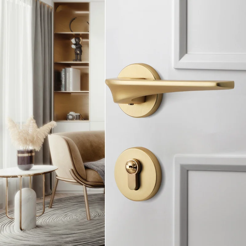 

Gold door lock Indoor bedroom door handle Silent magnetic wood door lock Matte brushed gold split room door lock