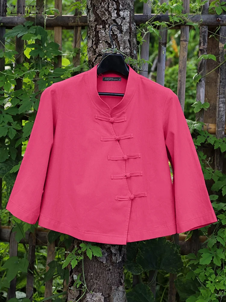

2025 ZANZEA Women Shirts Fashion 3/4 Sleeve Tops Casual Loose Flare Sleeve Tunic Elegant Stand Collar Blusas Solid Pullover