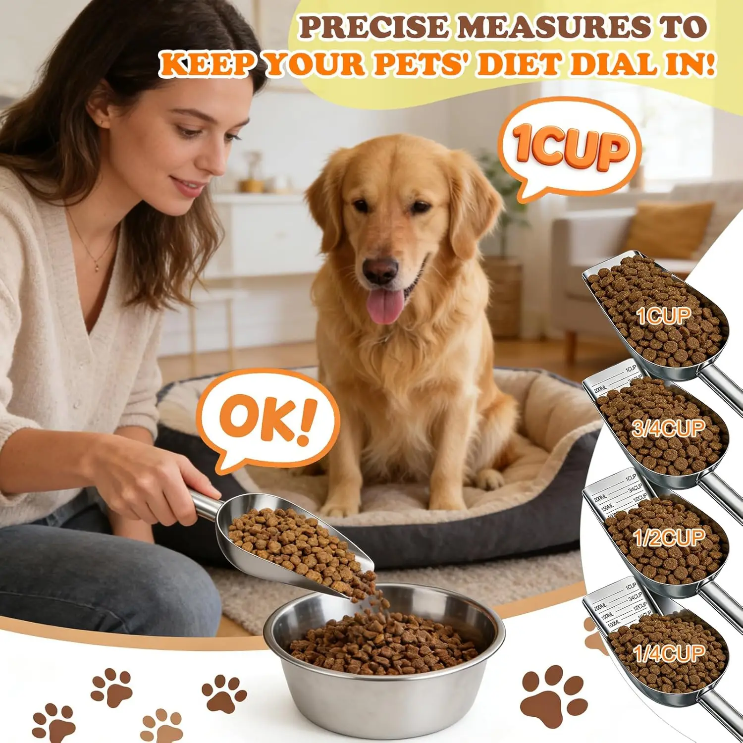 Hundefutter-Schaufel aus Edelstahl mit Langem Griff, Präziser Hundefutter-Messbecher 1, 3/4, 1/2, 1/4 Tasse, Tierfutter-Schaufel für Hunde, Katzen – Detail 2