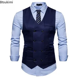 2026 Men's Formal Dress Vest Top Double Breasted Casual Tank Tops Solid Slim V-Neck Club Party Suits Vest Formal Waistcoat Men
