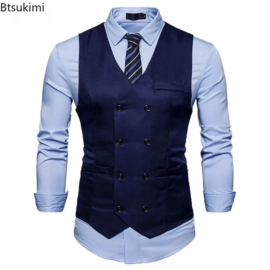 2025 Men's Formal Dress Vest Top Double Breasted Casual Tank Tops Solid Slim V-Neck Club Party Suits Vest Formal Waistcoat Men