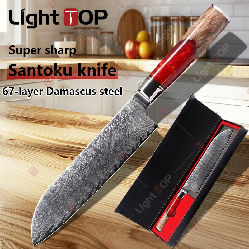 Professional Santoku Knife Japanese Kitchen Knives Damascus Steel Chef's Cutter Meat Slicing Knife Cooking for Sushi and Sashimi