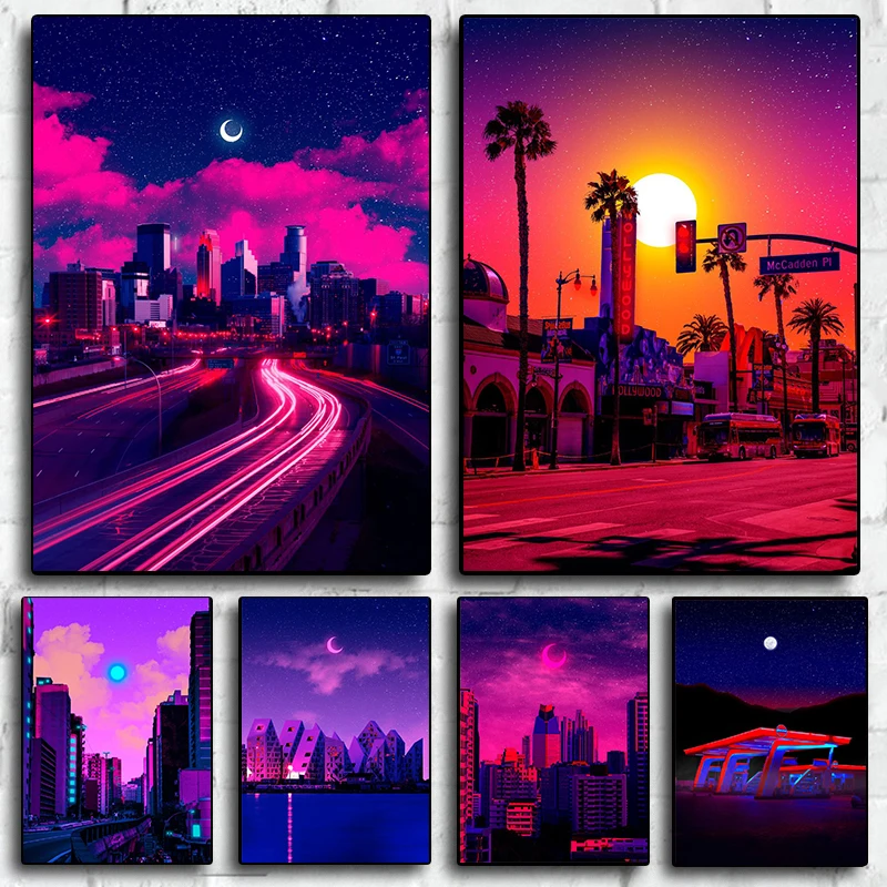 Synthwave Collection poster Magic City Dream Neon Moon Night Canvas Printing Poster Wall Art Decoration Painting Home Room Decor