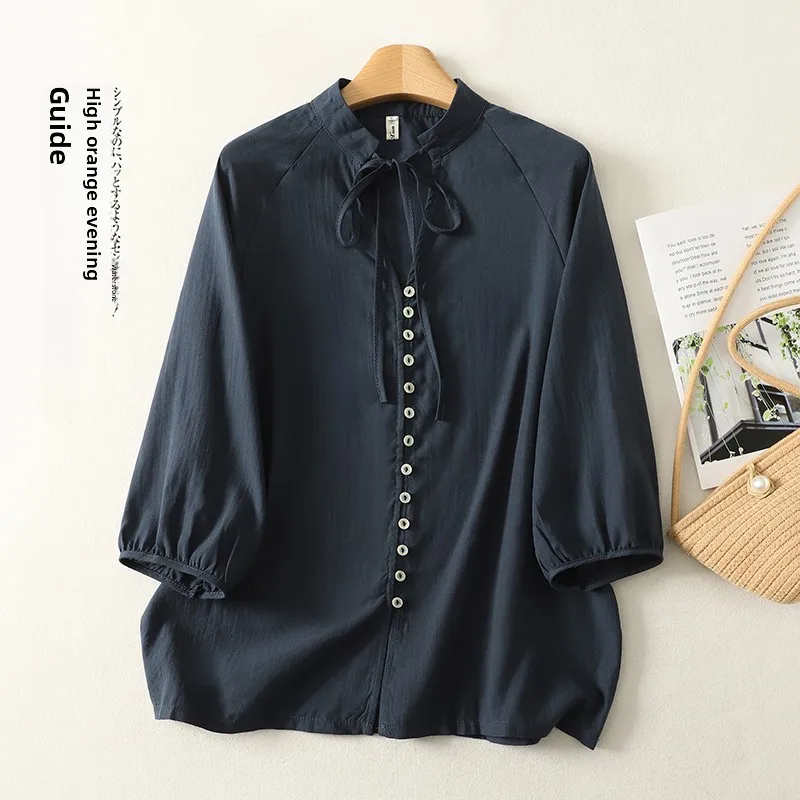 

Elegant plus Size Women's Shirt Bohemian Style Versatile Lazy Feel Top Cotton Linen Material Seven Sleeve Length Pure Color