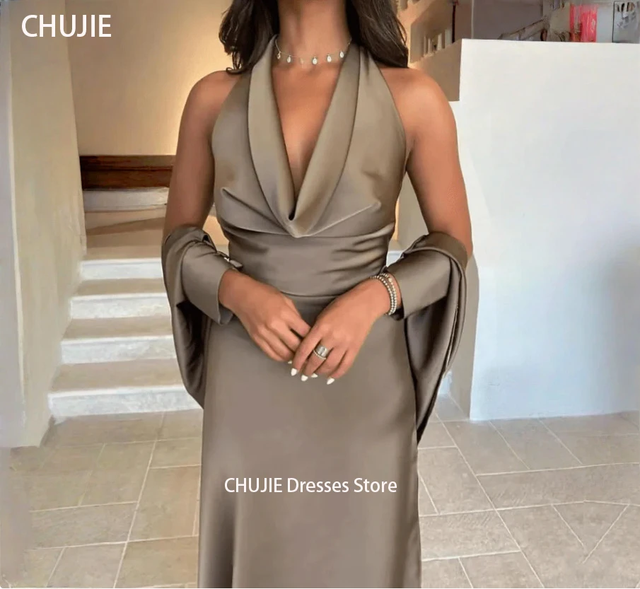 

Sexy Halter Evening Dresses Woman Wedding Dress With Shawl Customized Party Gowns Dubai Saudi Arabia فستان المساء Customized