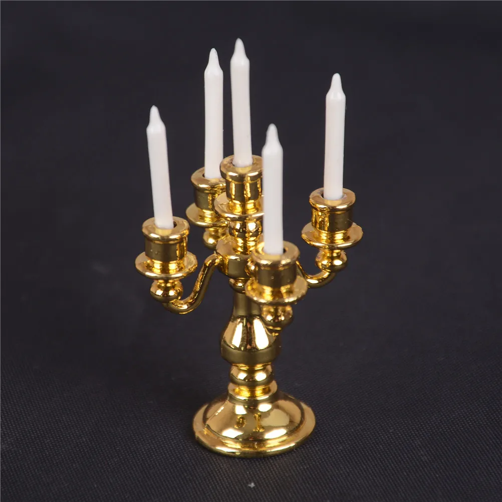 1:12 Scale Dollhouse Miniature Mini Gold Candelabra Furniture Metal Candleholder Candlesticks Model DIY Kitchen Pretend Toys