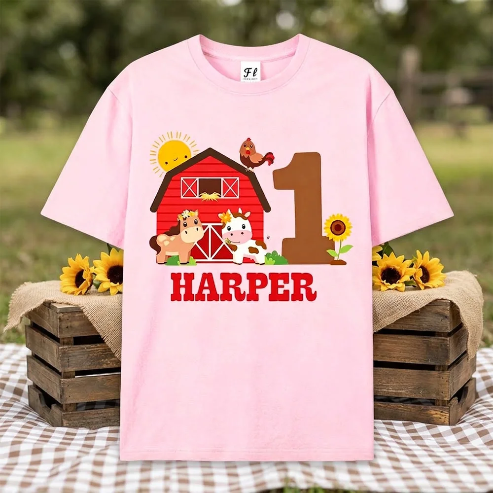 Girls T Shirt Farm Animals 1st Birthday Graphic Print Short Sleeve Cotton Oversized Casual Loose Tee Tops Clothing