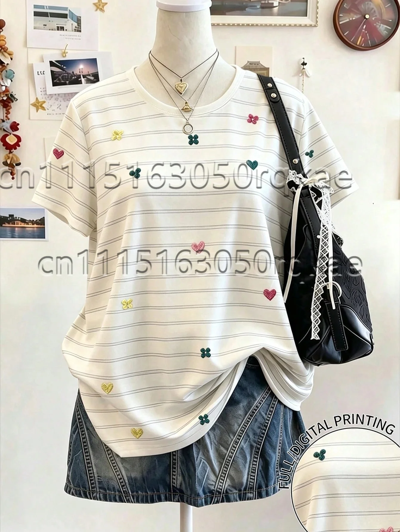 2026 Trendige Damen-T-Shirts mit Streifendesign und Musterdruck, Sommer-Streetwear, Minimalistisches Lässiges Kurzarm-T-Shirt für Damen – Detail 15