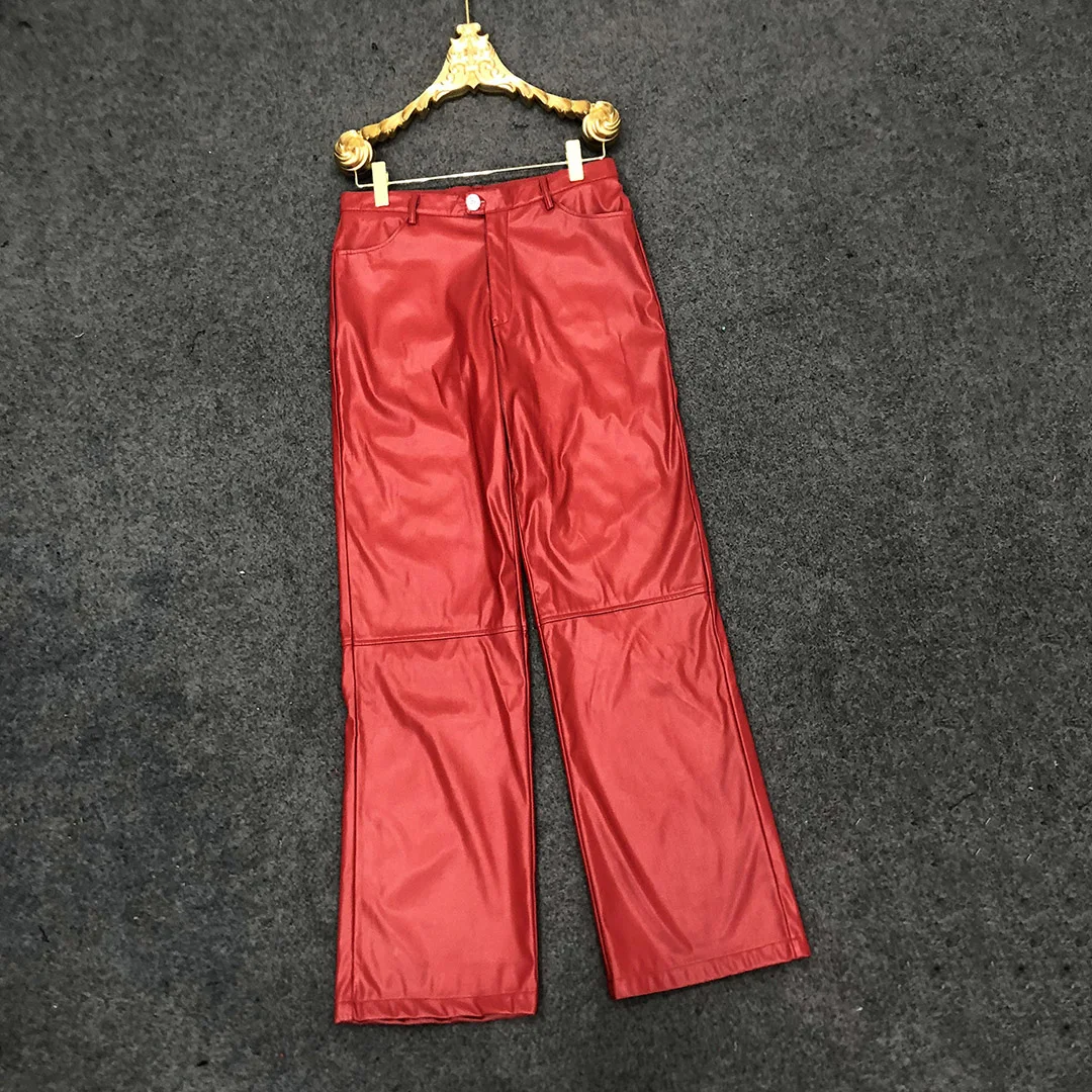 Men's Straight Tube Loose Casual Leather Pants Solid Color Fashion Black White Red Trousers Oversize Nightclub Stage Costume