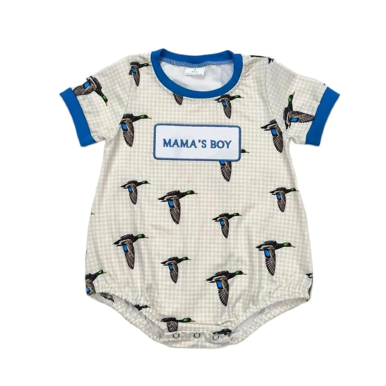 

SR1377 Kids Baby Boy Clothes Short Sleeves Top Mama's Boy Embroidered Letter Duck Plaid Print With Jumpsuit Children Clothes