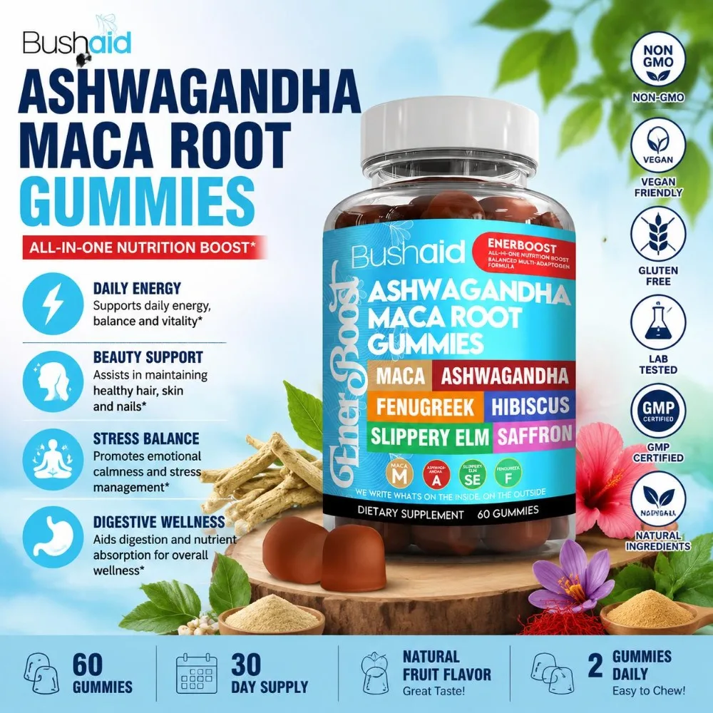 BushAid Ashwagandha Maca Root Gummies 60ct Fenugreek Hibiscus Saffron Adaptogen Botanical Vegan Hair Skin Nails Stress Support