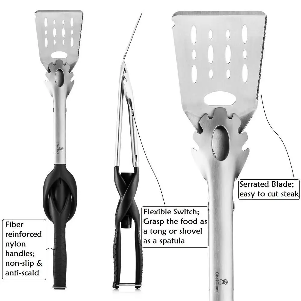 TongLite Stainless Steel BBQ Multi-Tool - Extendable Tongs, Knife Edged Spatula, Bottle Opener, Scraper, LED Flash Light