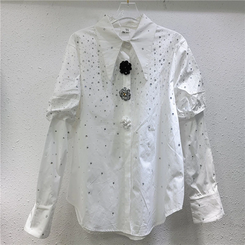 DEAT Women's Blouse Rhinestone Flowers Buttons Solid Color Loose Puff Sleeve Lapel Shirt 2025 New Fashion Spring 11A02115