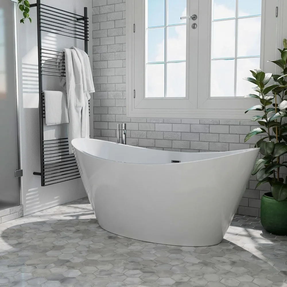 Acrylic Independent Bathtub 59 Inch Modern Independent Deep Immersion Bathtub with Overflow and Drainage Function, White