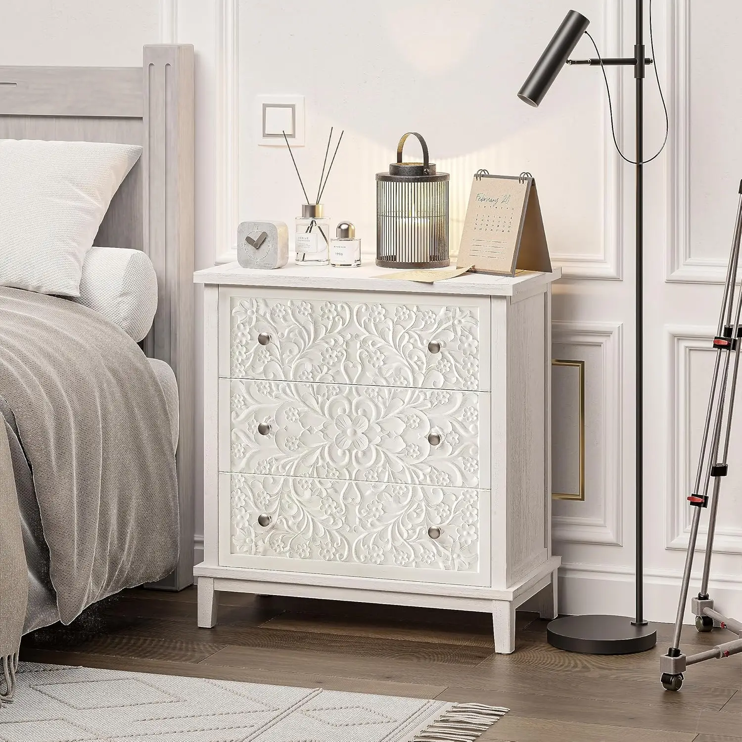 

3-Drawer Fully-Assembled Flower Motif Dresser for French Country, Farmhouse, Modern, Rustic Style, Distressed Finish, White-Wash