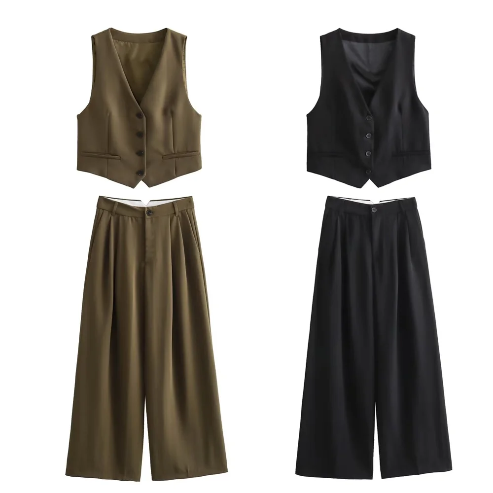 2024ZAR Spring/Summer Hot Selling New Women\'s Commuter Slim Fit Short Tank Top High Waist Wide Leg Pants