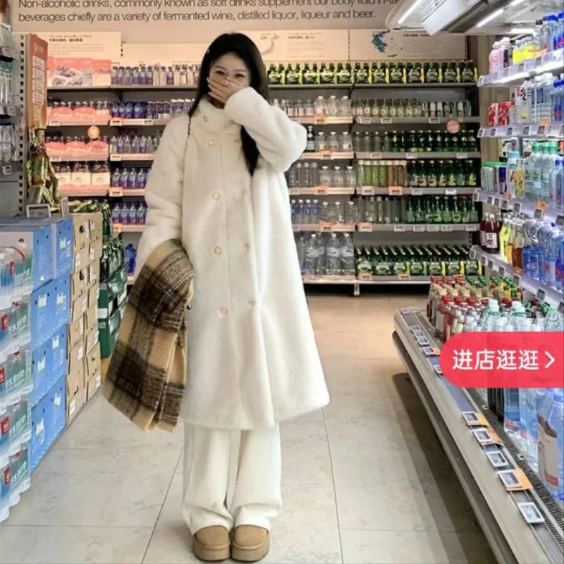 Luxury Aesthetic Wool Long Jacket Women Winter Warm Faux Fur Coat Thick Windbreaker Stand Collar All-match Brand Fur Overcoat