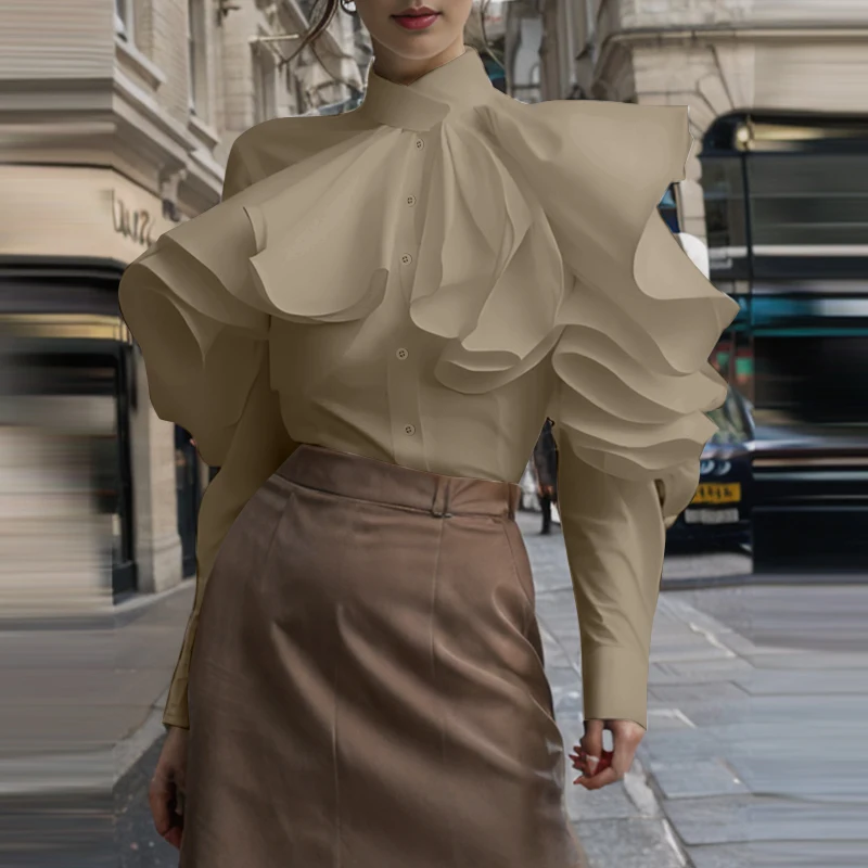 ZANZEA 2025 Elegant Shirts Women Autumn Fashion Solid Office Blouse Ruffled Street Long Sleeve Tops Casual Loose Buttons Tunics