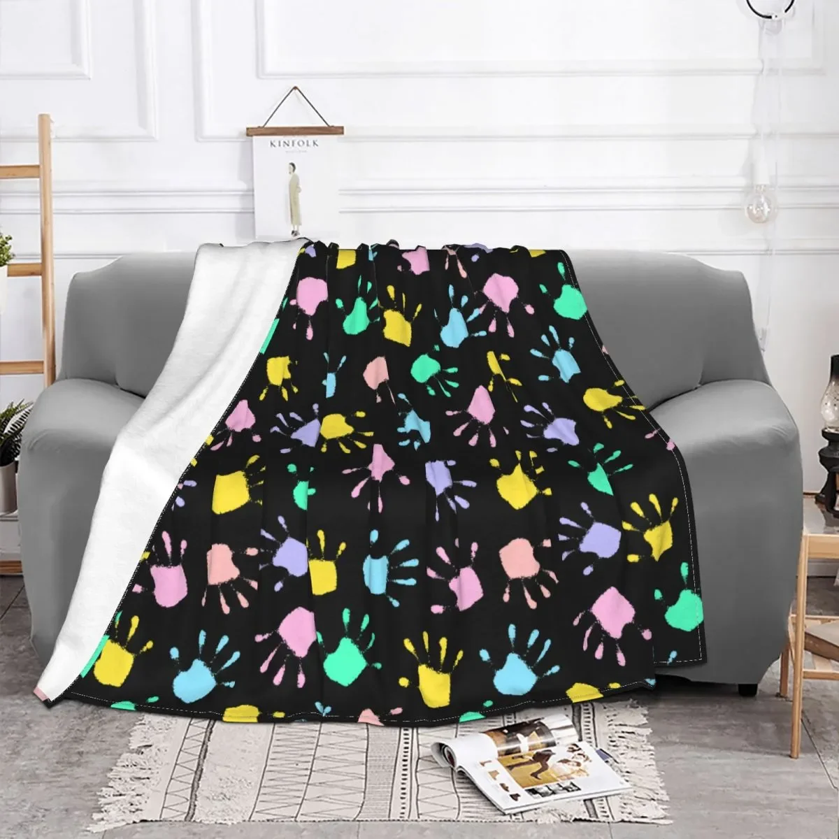 Joyful Funny Hand Print Blanket Flannel Printed Multifunction Lightweight Throw Blanket for Sofa Couch Bedspread