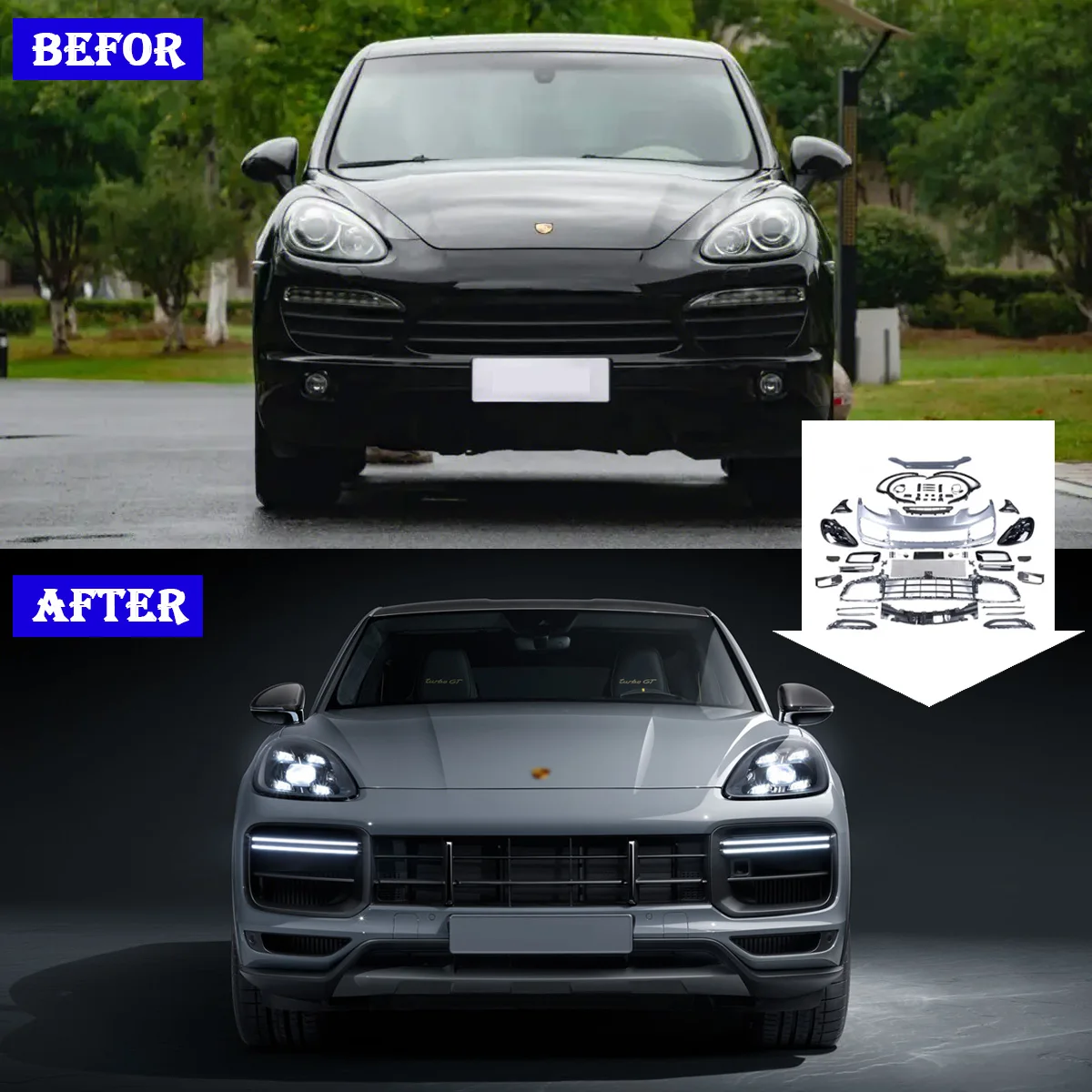 Car Accessories Body Kit For 2011-2018 Porsche Cayenne Front Bumper 958 958.1 958.2 to 9Y0 Turbo Headlights Grille