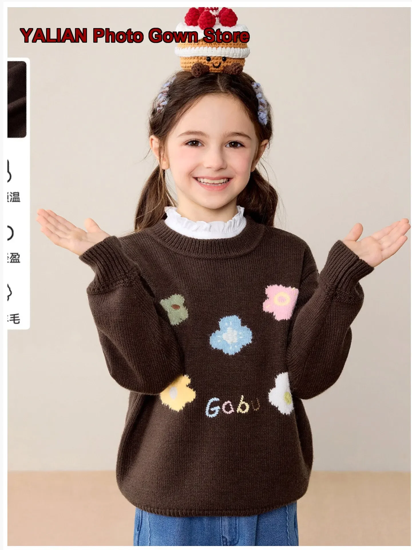 Girls Turtleneck Sweater Kids Autumn Winter Floral Pattern Knit Top Pure Wool Round Neck