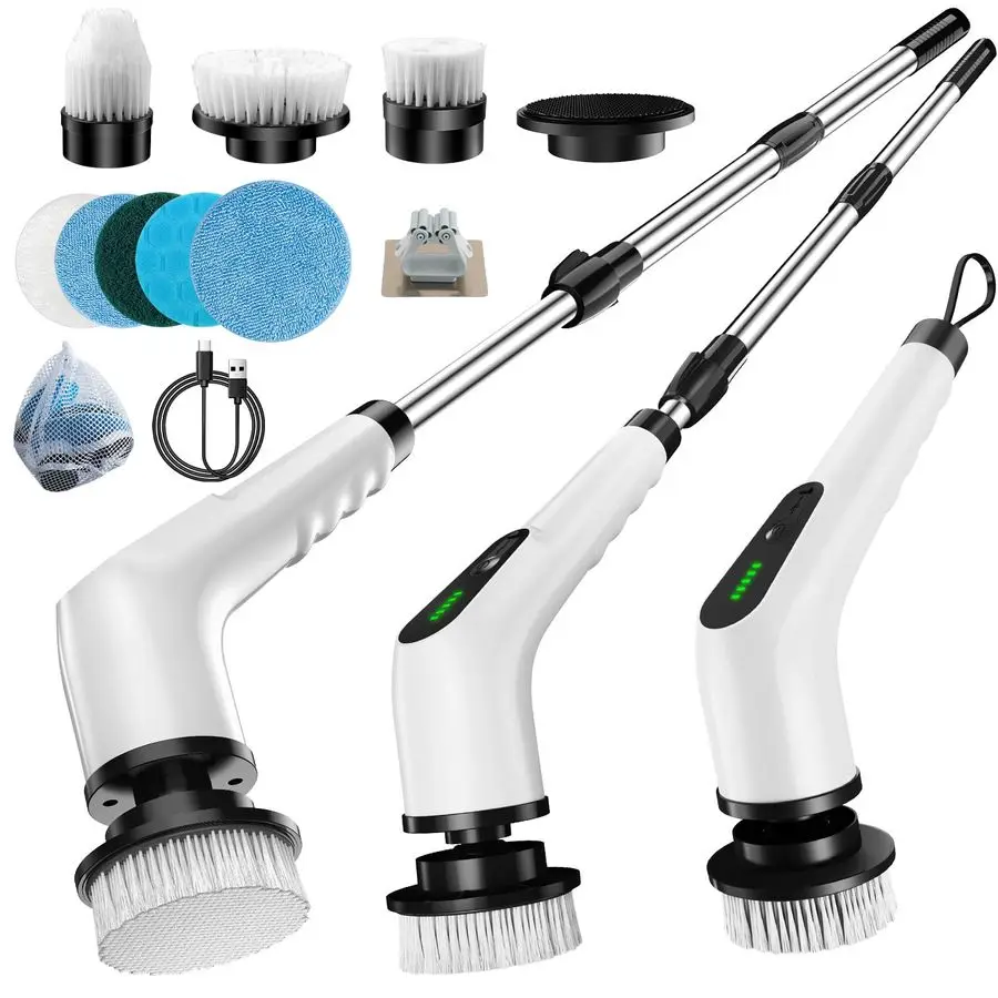 

Spin Scrubber, Cordless Cleaning Brush with 8 Replaceable Brush Heads, Shower Scrubber with Adjustable Extension Handle, Waterpr