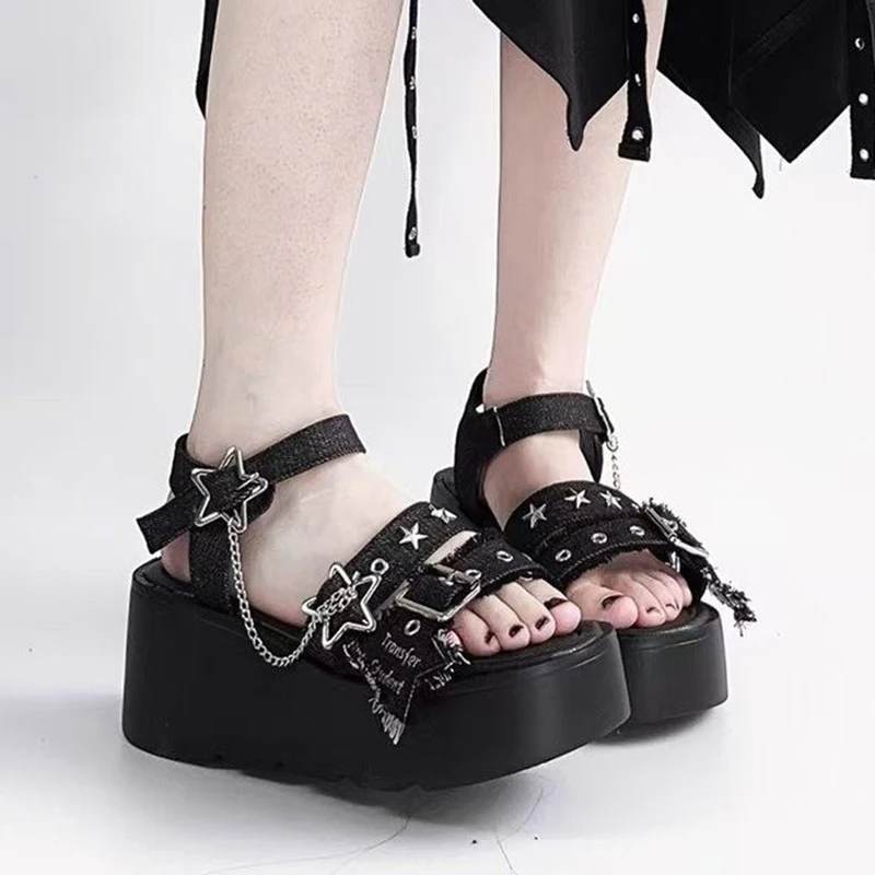 

Black Denim Chunky Platform Sandals Women 2025 Summer Y2K Star Ankle Buckle Wedge Sandals Woman Punk Thick Bottom Gothic Shoes