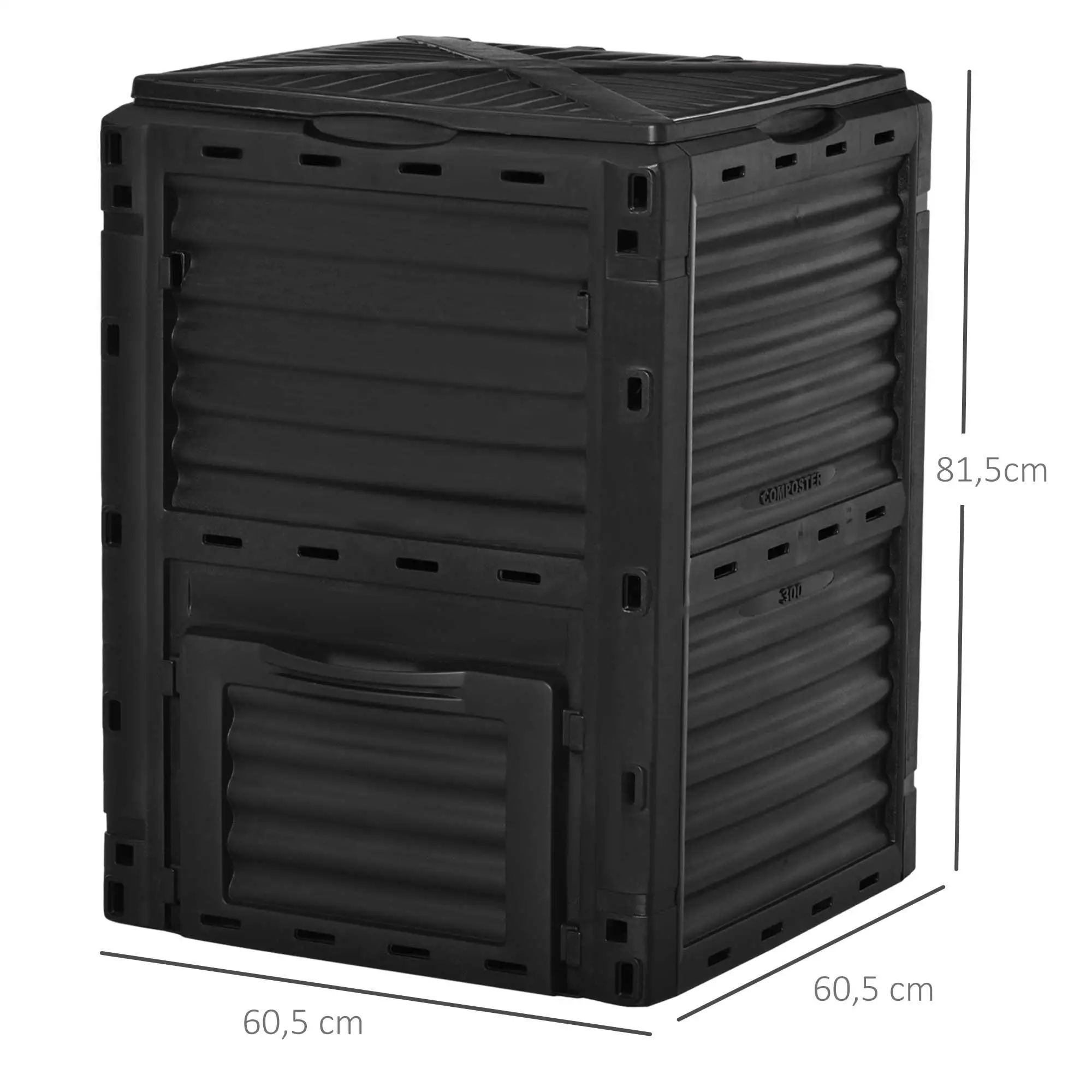 Contenedor de Compostaje de 300L Negro de PP con 48 Ventilaciones y Válvula de Descarga, 60.5X60.5X81.5 cm para Jardín