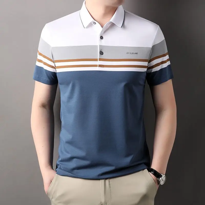 Trend Fashion Summer Polo Shirts Thin Men's Turn-down Collar Striped Button Contrast Color Smart Casual Loose Short Sleeve Tops