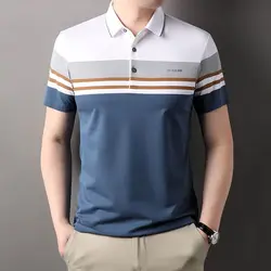 Trend Fashion Summer Polo Shirts Thin Men's Turn-down Collar Striped Button Contrast Color Smart Casual Loose Short Sleeve Tops