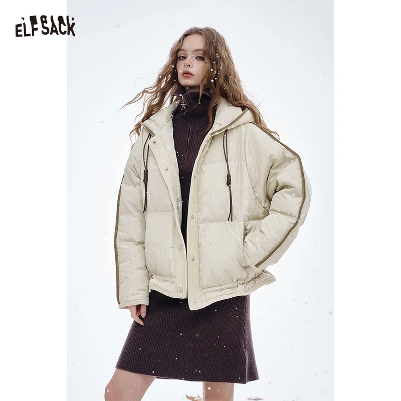 ELFSACK 2024 وصل حديثًا سترة شتوية من جلد البولي يوريثان بغطاء للرأس للنساء، نمط قصير، أكمام راجلان، معطف دافئ