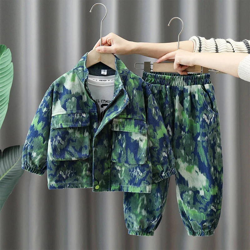 Free Shipping Baby Boys Clothes Sets Autumn Spring Tracksuits Toddler Cotton Denim Set Camouflage Children 2Pcs Outfit 2-10Yrs