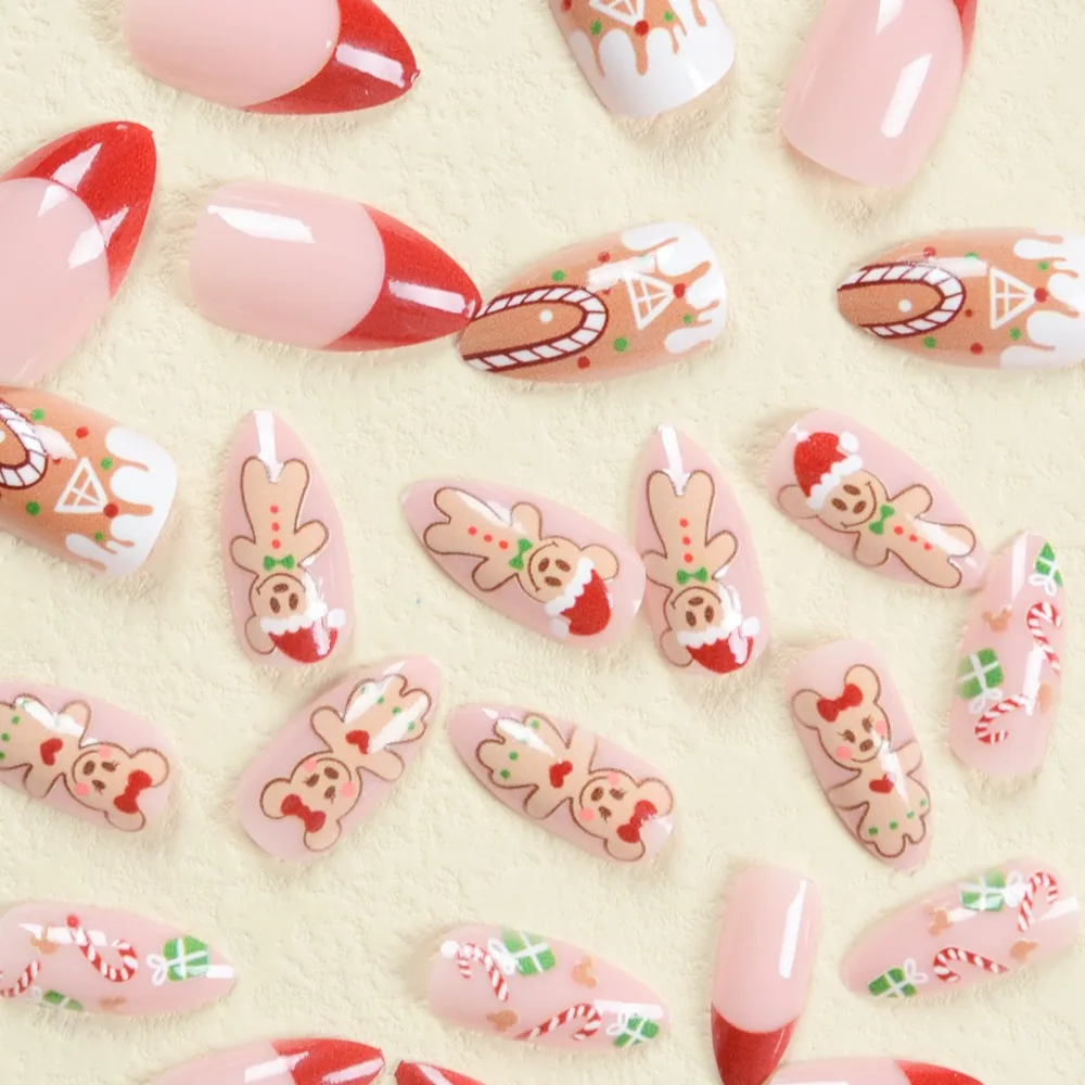 Fashion Christmas Almond Fake Nails Wearable Manicure Full Cover False Nail Pointed Head Nail Tips Women