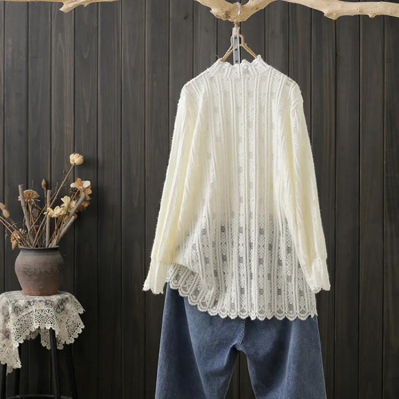 Loose Lace Pulls for Women, White T-Shirts, Sweet Style, Hollow Out, Solid Long-Sleeved, Elegant Female Tops, Outwear