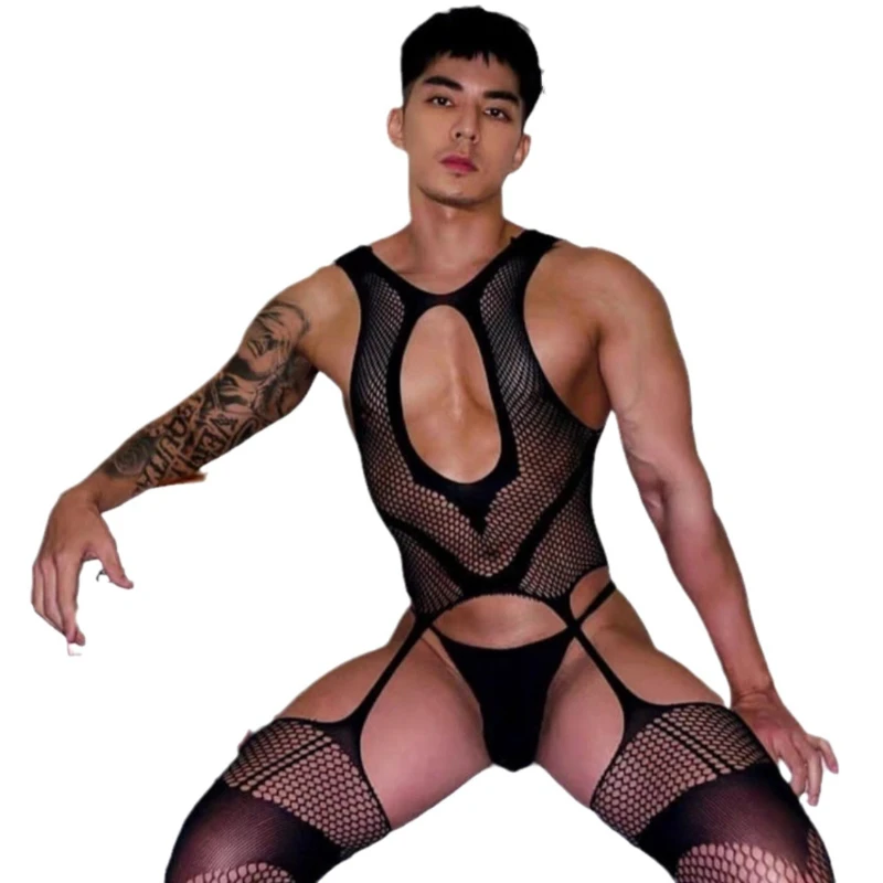 Hot selling men\'s sexy and seductive lingerie, jumpsuit, mesh shirt, hollowed out fake female male model, gay clothing