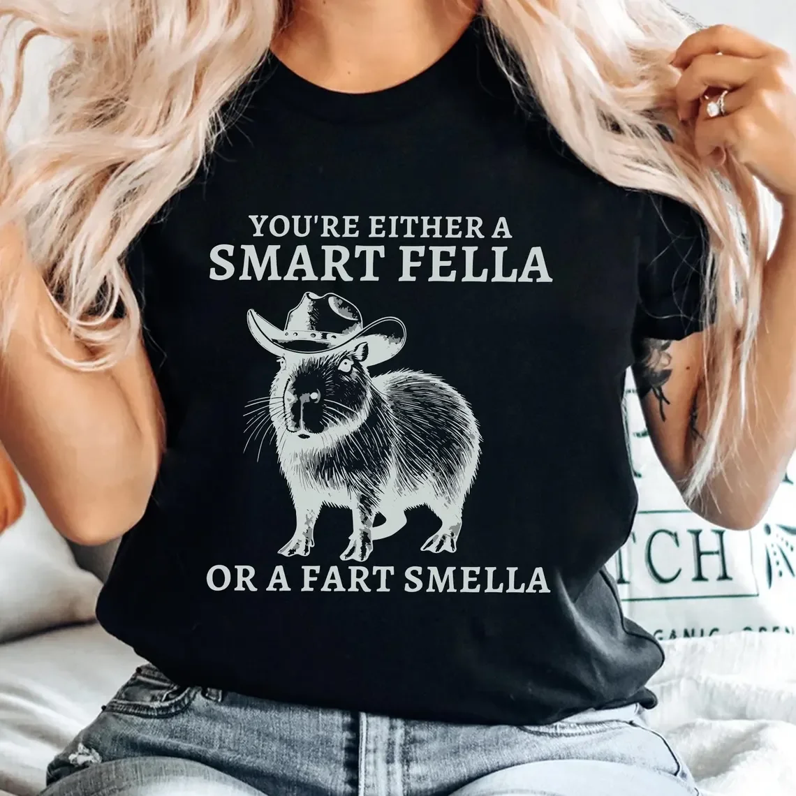 You’re Either a Smart Fella or a Fart Smella Shirt, Funny Cowboy Capybara Pun Tee, Hilarious Animal Meme Graphic Tee