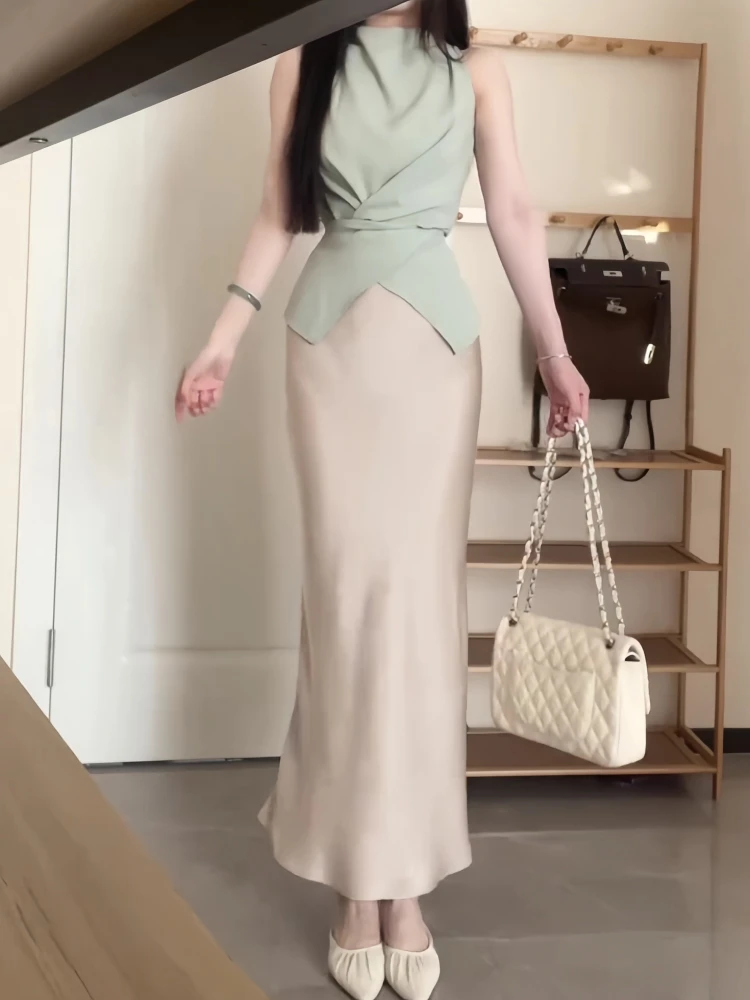 Summer 2026 Korean Style Gold Secretary Cross Waist Sleeveless Satin Fish Tail Bodycon Skirt Two Piece Set for Women 18-25 Ye...
