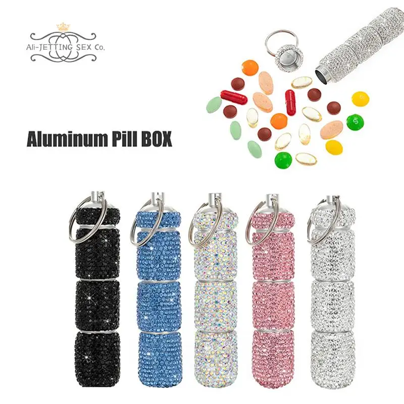 Bling Diamond Pill Case Medicine Storage Box Organizer Bottle with Keyring Portable Metal Rhinestone Pill Box for Travel