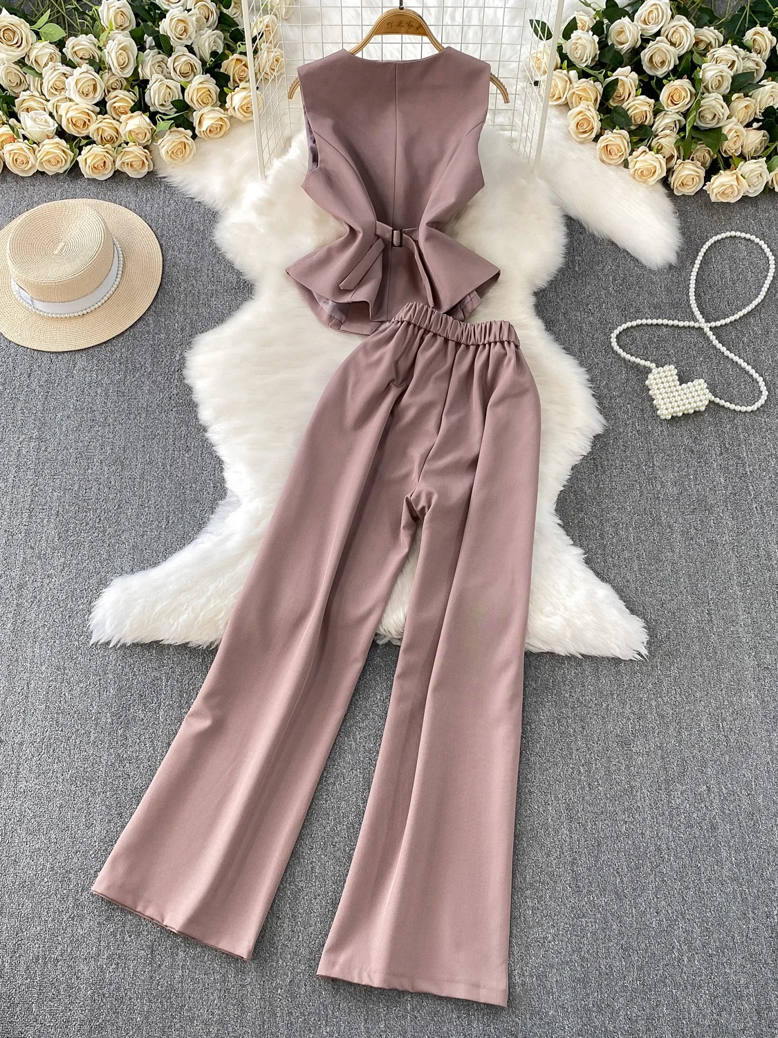 Ele V-ne Svel Vest Top High Waist Slimming Pants Set High-End Brand Faionable 3D Flower Print Button-Up Women's...