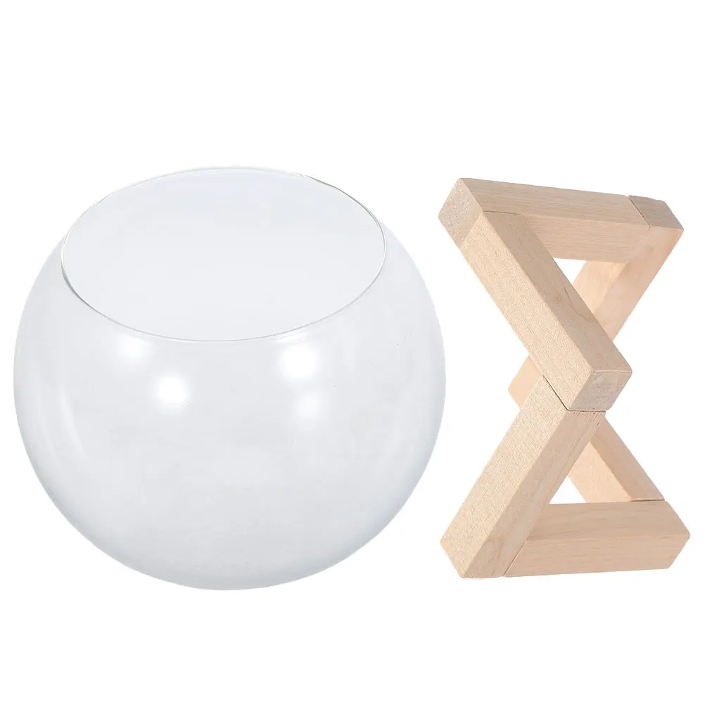

1pc Stylish Micro Landscape Glass Container For Succulents And Small Plants Hydroponic Pot With Wooden Stand Desktop Plant Vase